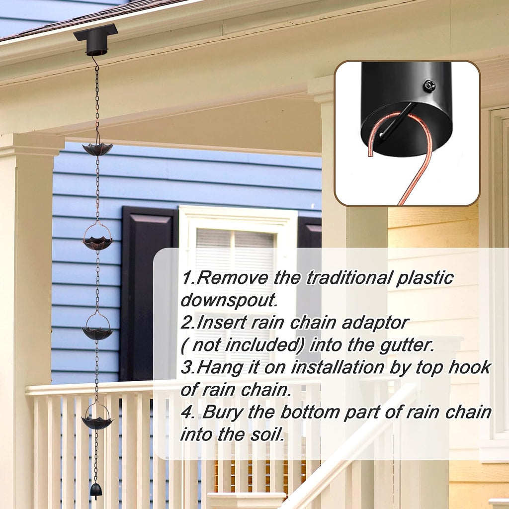 Invech Adjustable Rain Chains for Gutters, 12.5FT Outside Rain Chains with 12 Cups, Umbrella Shaped Rain Catcher Chain