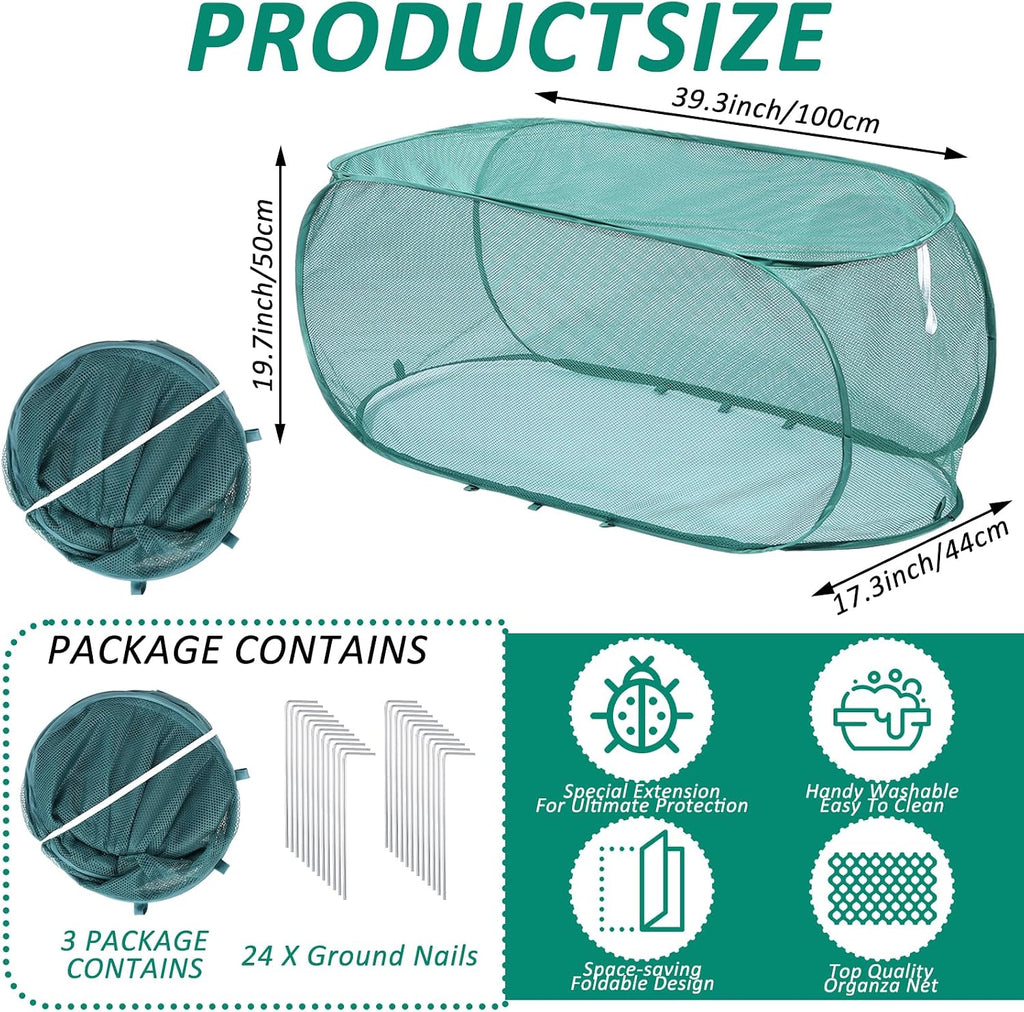 3 Pcs 39" x 18" x 16" Pop Up Garden Plants Cover with 24 Ground Nails, Mesh Netting Covers Net Cage Guard Protector for