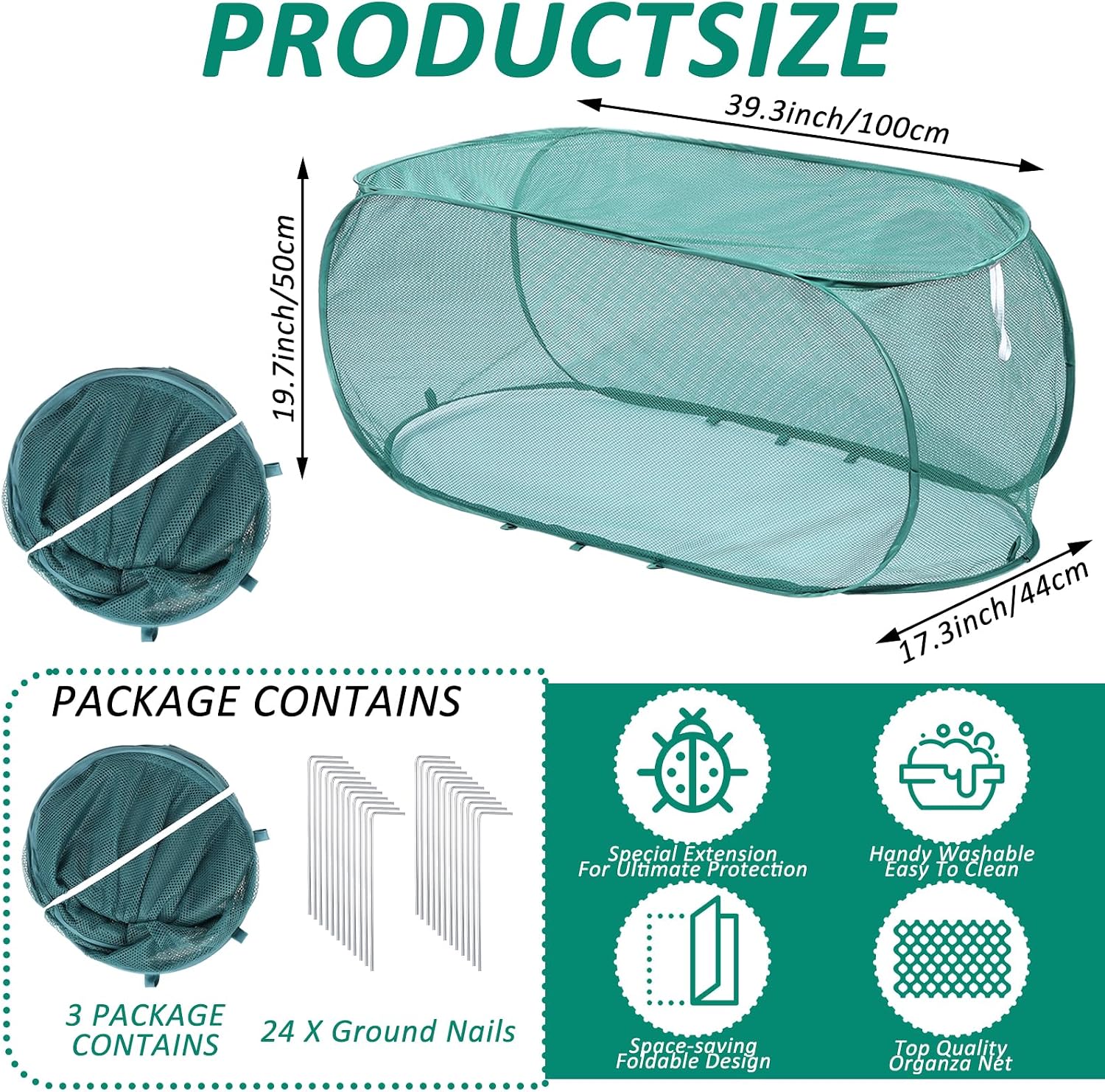 3 Pcs 39" x 18" x 16" Pop Up Garden Plants Cover with 24 Ground Nails, Mesh Netting Covers Net Cage Guard Protector for
