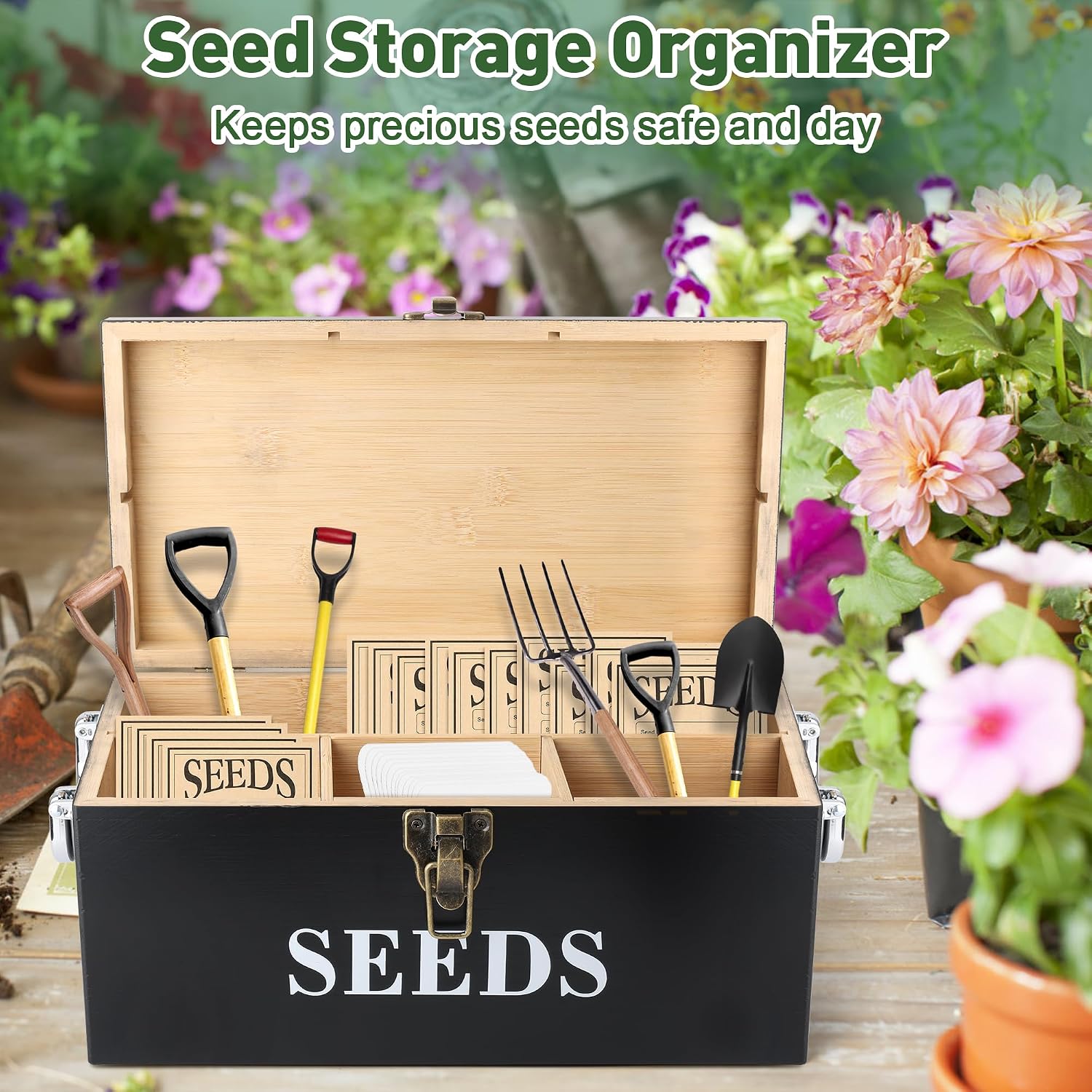 Coolrunner Wood Seed Saving Box, Seed Storage Organizer Case | Seed Packet Storage Organizer with Lock and 3 Handles