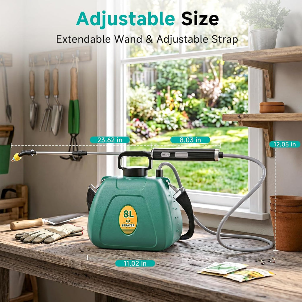 Battery Powered Garden Sprayer 2 Gallon, 7.4V High Pressure Rechargeable Weed Sprayer with 3 Pressure Mode, 5 Spray