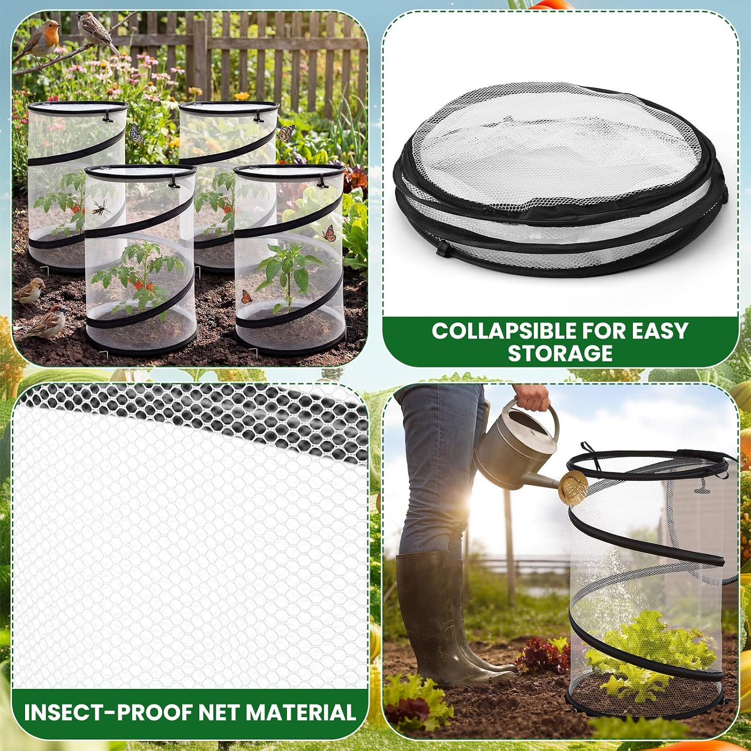 8 Pop up Mesh Plant Protectors from Animals Round Plant Netting Pest Cover Each Set with Stakes and Storage Bag for