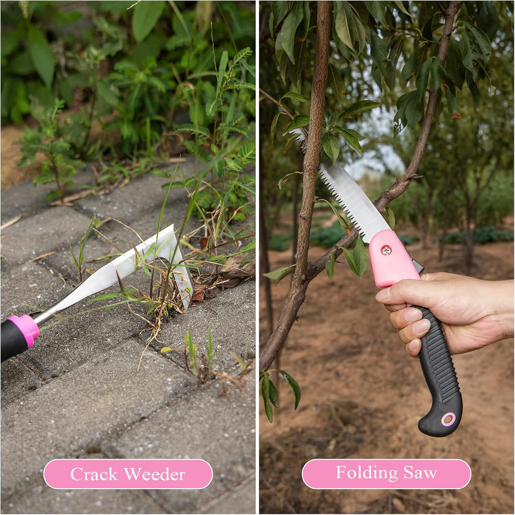 Pink Garden Tool Set Gardening Items for Women - 24PCS Heavy Duty Garden Tools with Detachable Storage Bag, Succulent