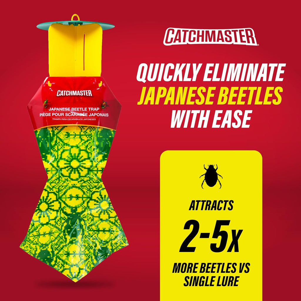 Catchmaster Japanese Beetle Traps w/Rain-Proof Cap 3-Pack & Dual Lure, Beetle Bag Trap, Hanging Beetle Catcher, Pest
