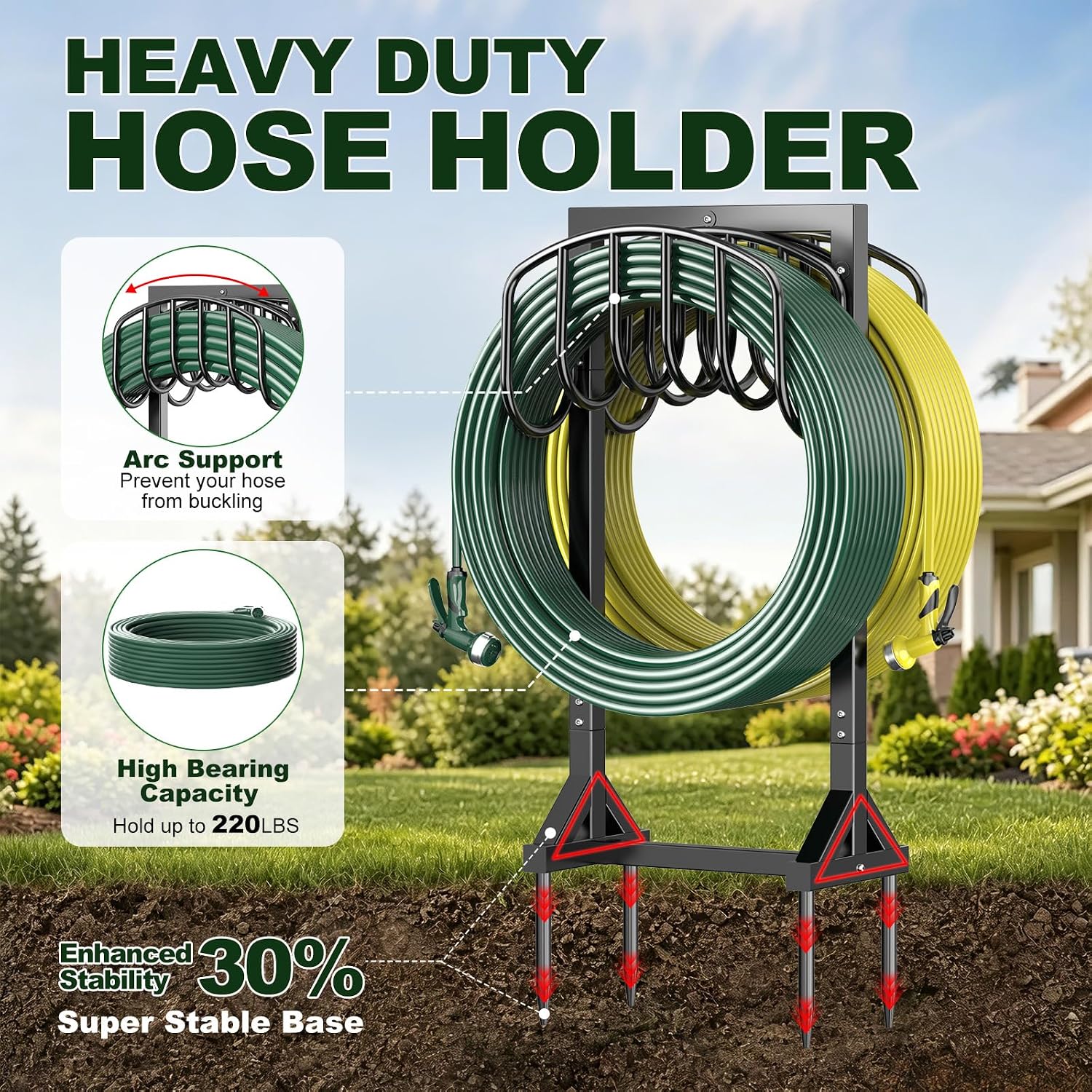 HeroicLion Garden Hose Holder Holds 2 x 151FT Hoses, Heavy-Duty Metal Freestanding Hose Stand Hanger with Stable Base