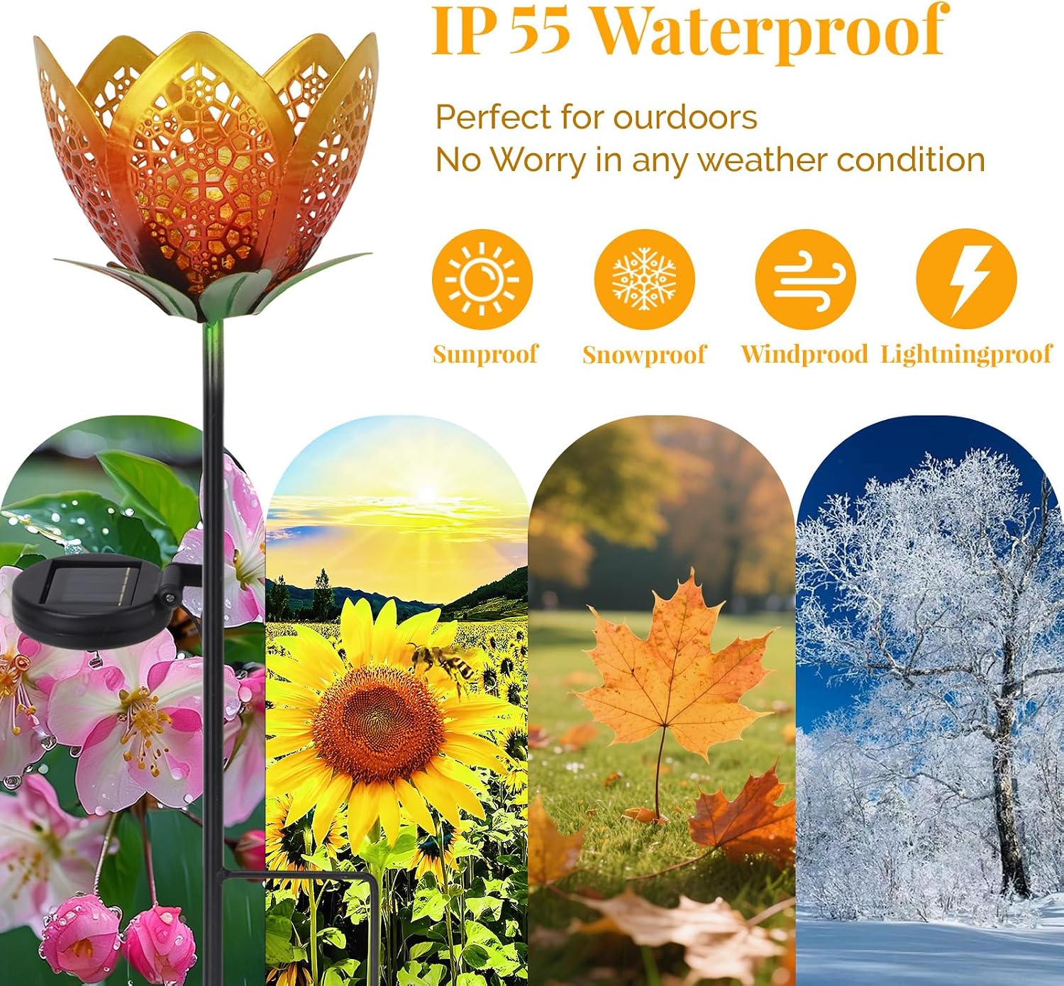 Outdoor Solar Tulip Light, Crackle Globe Glass Metal Flower Decorations Lights for Lawn Ornaments, LED Lotus Hollow