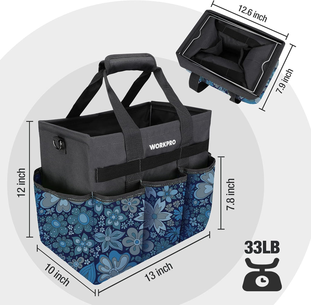 WORKPRO Garden Tool Bag, 10 Pockets and Shoulder Strap, Floral Blue | Heavy Duty Gardening Organizer Tote Bag Standable