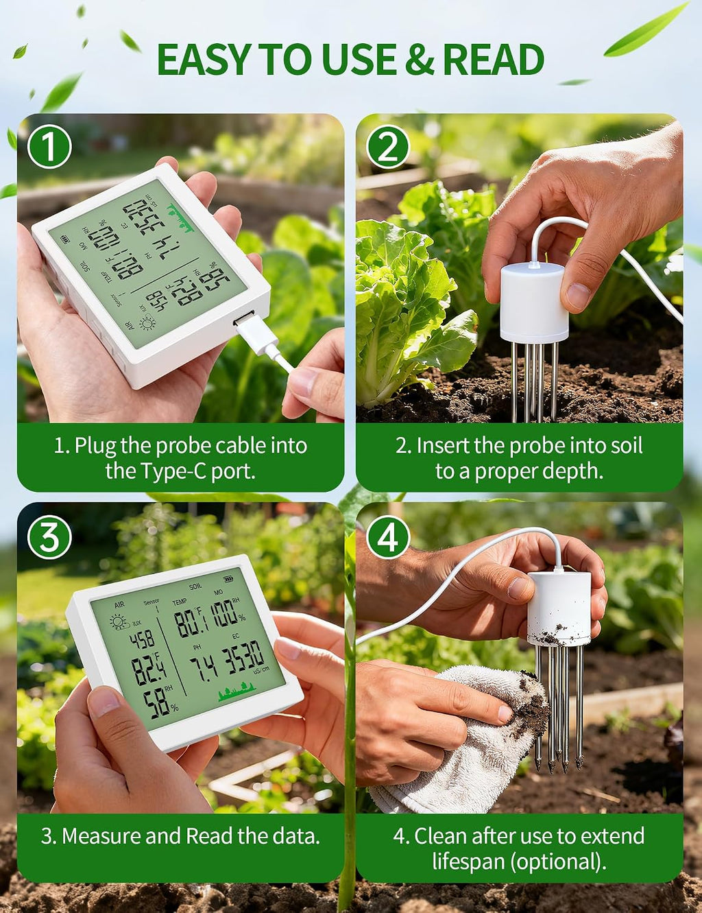 7 in 1 Soil Meter, Digital Soil Test Kit of PH/Sunlight/Fertility/Soil & Air Temp, Humidity Meter for Indoor & Outdoor