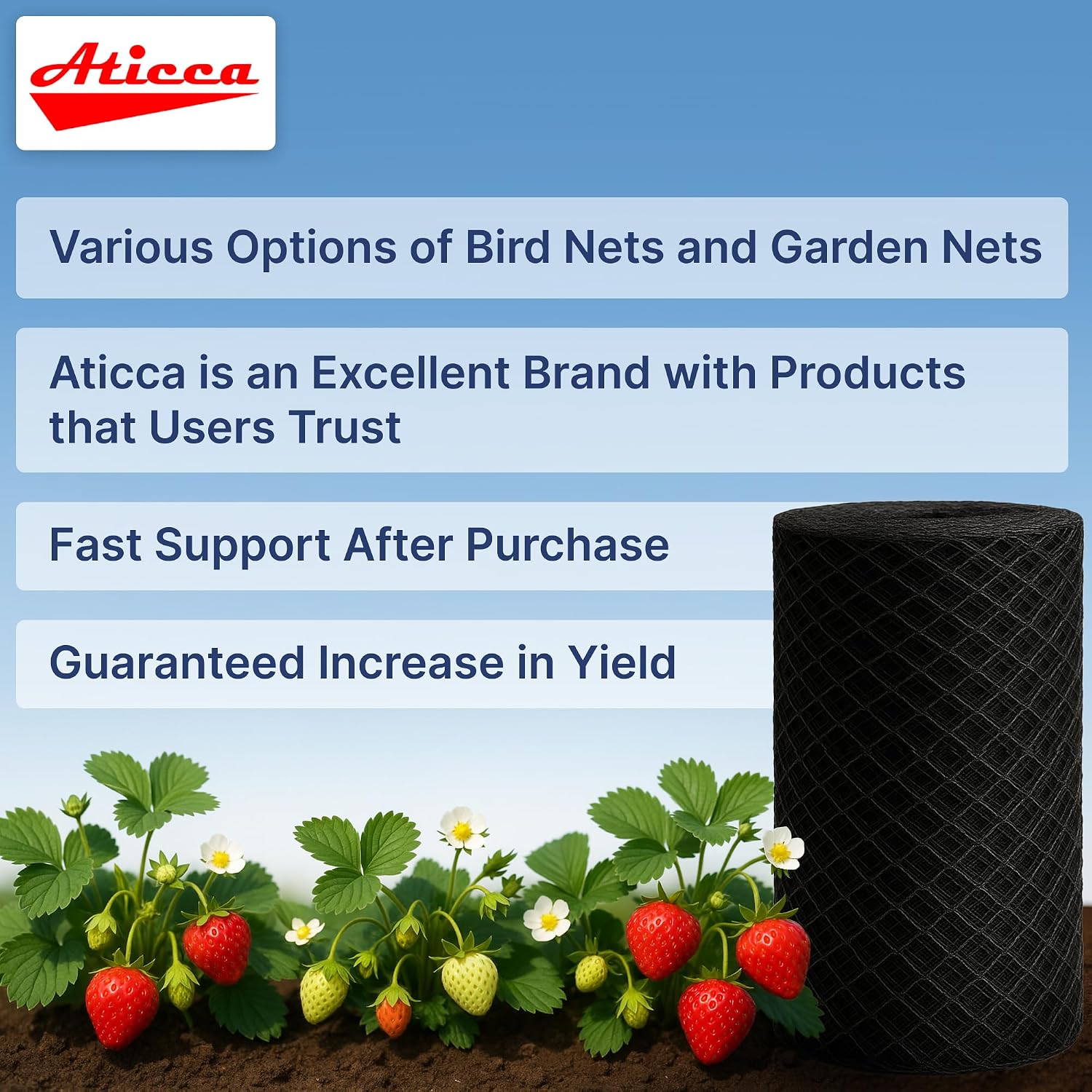 ATICCA Heavy Duty Bird Netting for Garden Protection & Fruit Trees, 7.5x100 Ft with 10 Stakes – Black Anti-Bird Net for