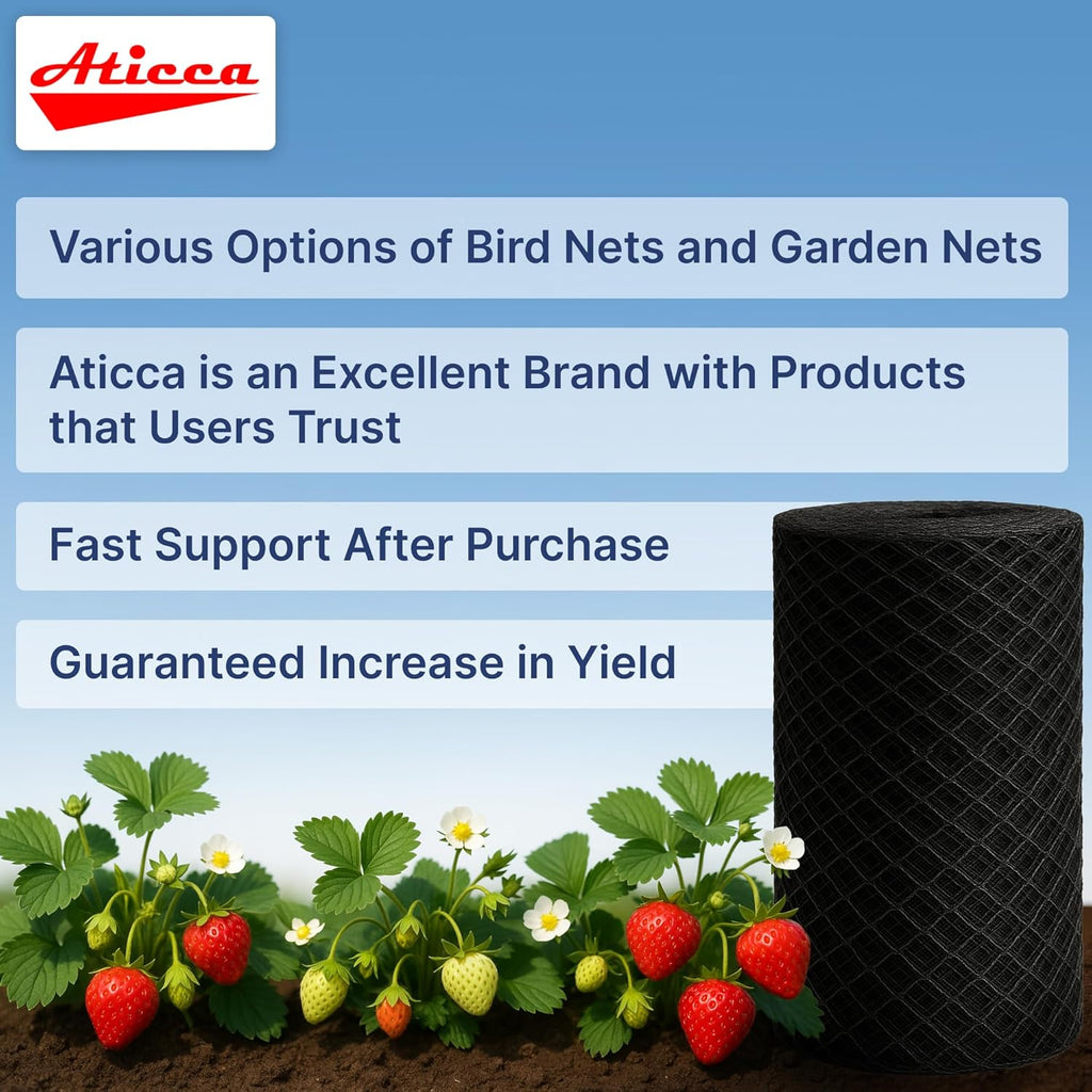 ATICCA Heavy Duty Bird Netting for Garden Protection & Fruit Trees, 7.5x65 Ft with 10 Stakes – Black Anti-Bird Net for