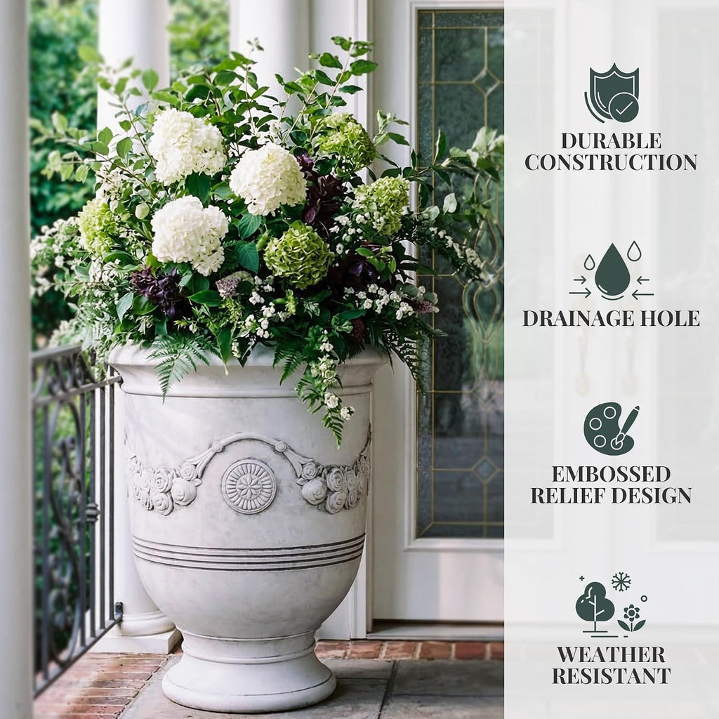 KOL Large Plastic Urn Planter - 16” Dia x 19” H Lightweight Classic Planter Pot with Cement Texture & Drainage Hole
