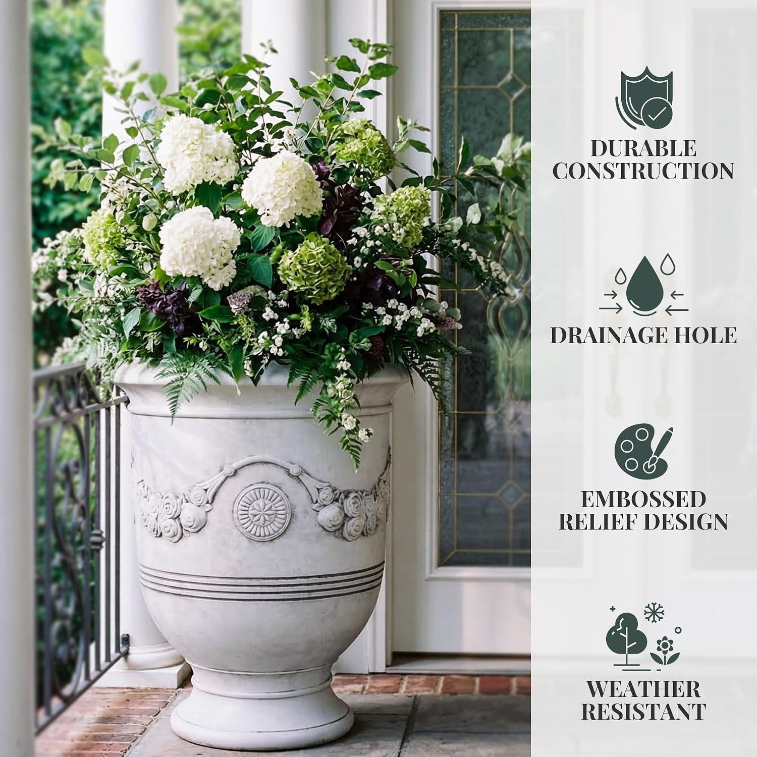 KOL Large Plastic Urn Planter - 16” Dia x 19” H Lightweight Classic Planter Pot with Cement Texture & Drainage Hole