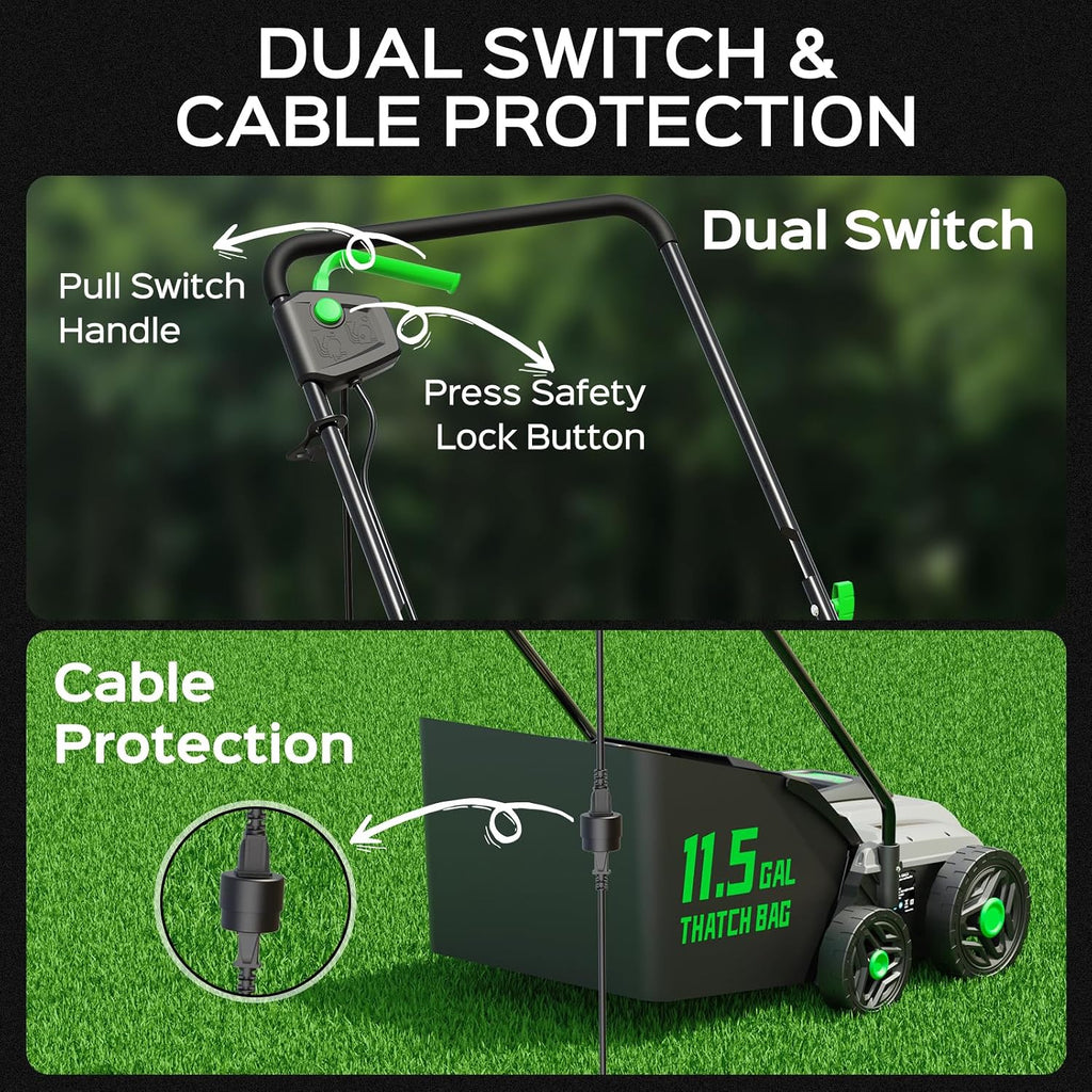 TIECTOWN 14-Inch 13.5 Amp 2-in-1 Electric Dethatcher and Scarifier with 11.5-Gallon Collection Bag, Lawn Dethatcher