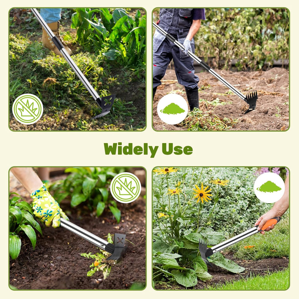 60" Weed Puller Tool with Long Handle and 17" Weeding Tools Gardening Set | Dual Side Hand Weed Rake and Hoe Garden