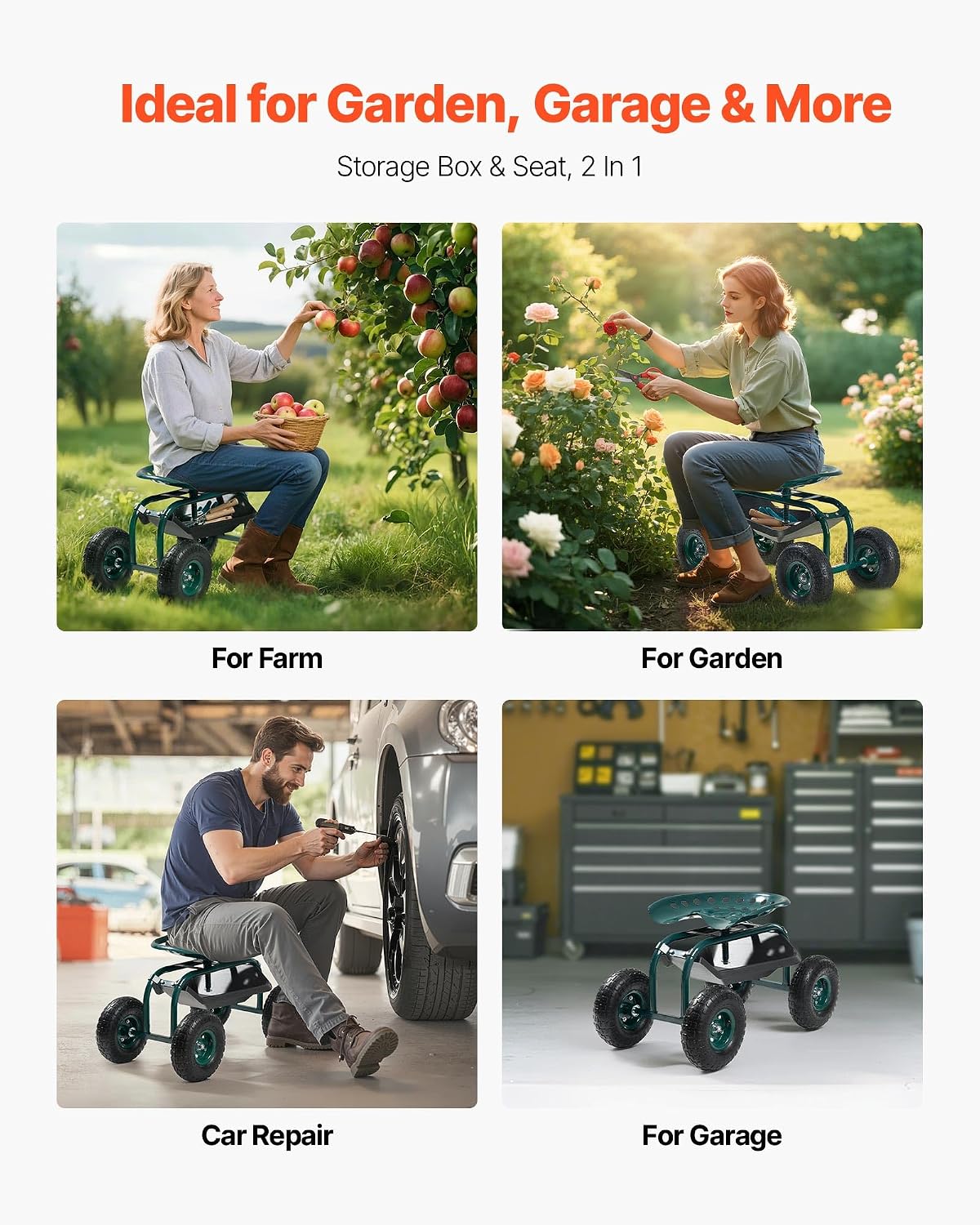 VEVOR Rolling Garden Cart with Swivel Seat, Heavy Duty Garden Seat with Storage Basket & Tool Tray, 300 lbs Weight