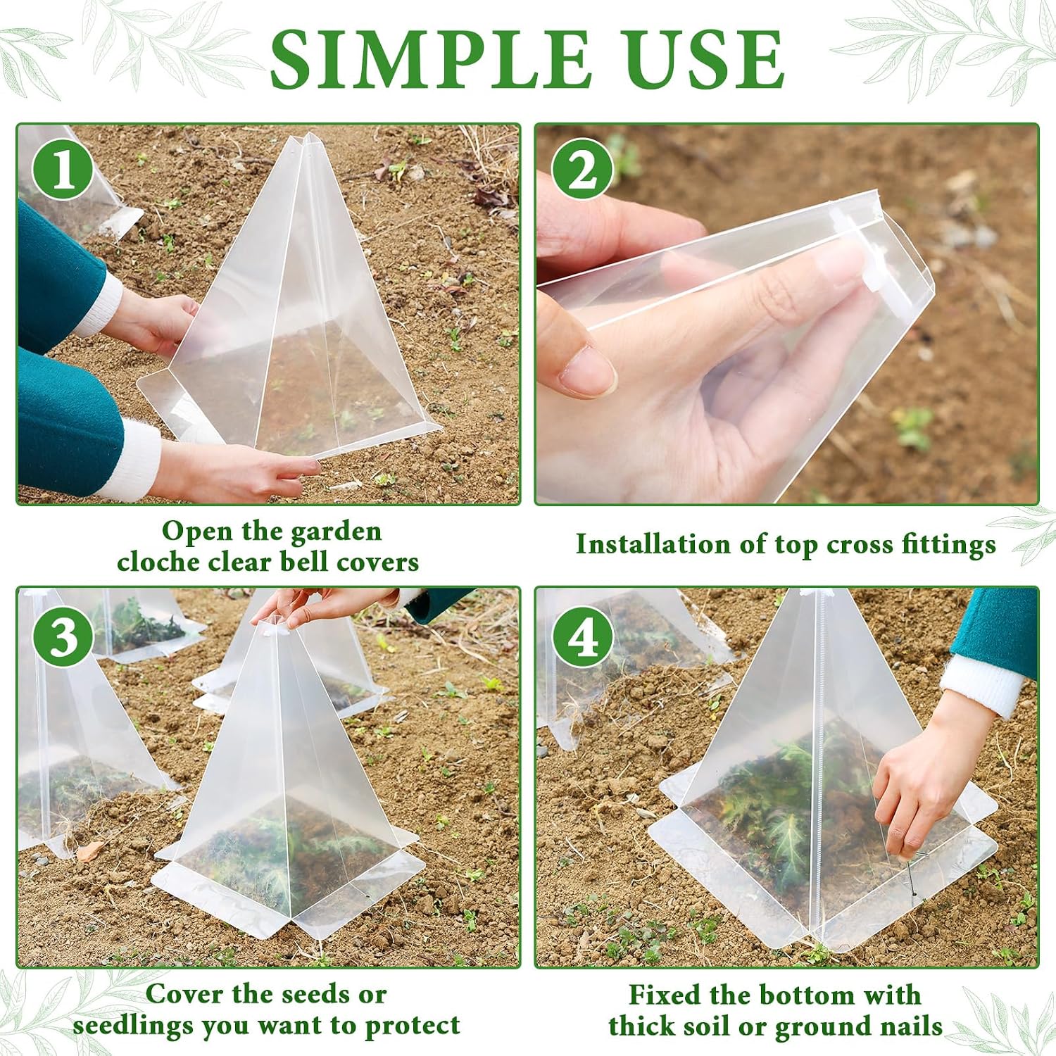 Reusable Plastic Garden Cloches, 7.8" x 11" Mini Greenhouse, 1.2mm Thick Clear Bell Covers with Metal Stakes Against