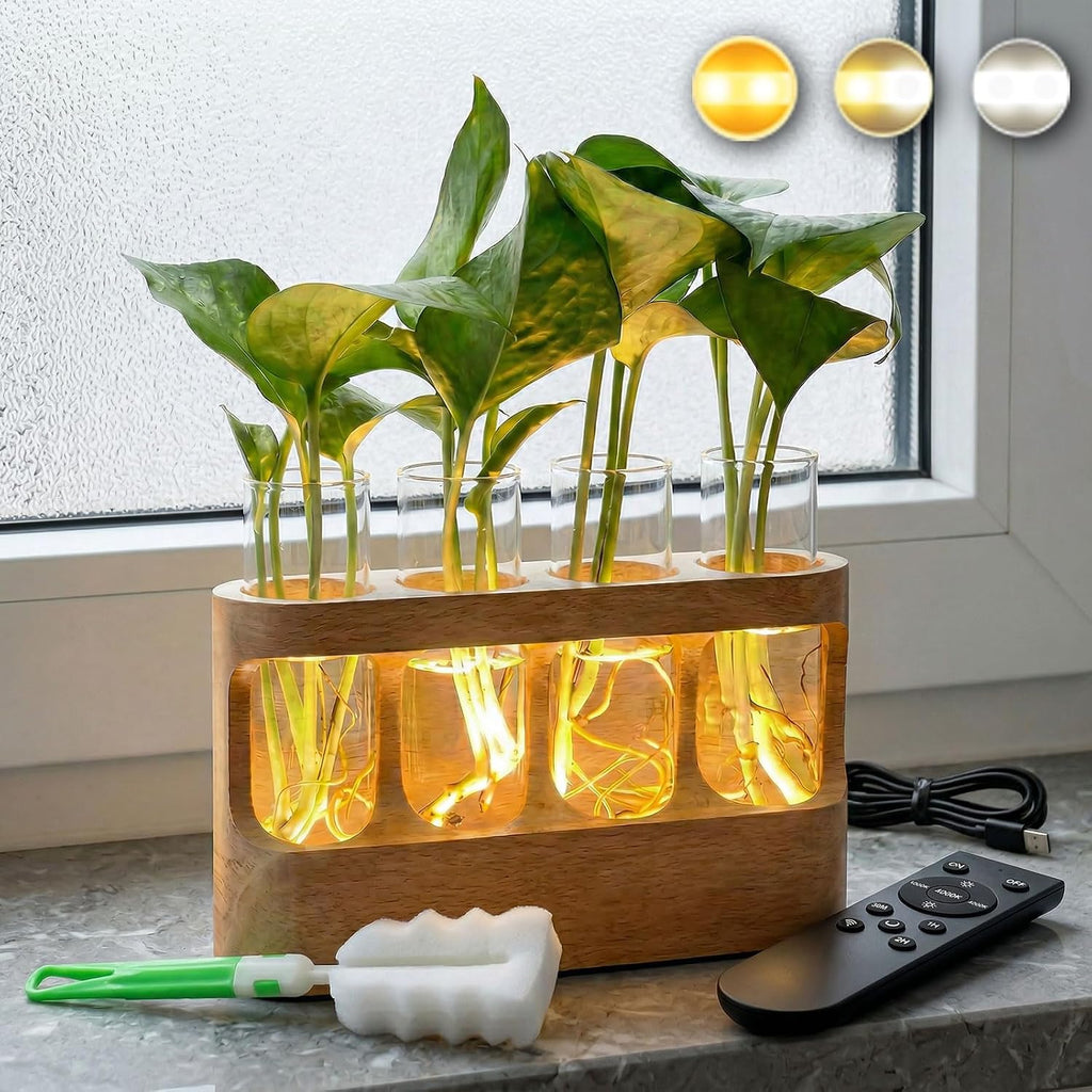 Plant Propagation Station with LED Grow Light, Rechargeable Wooden Desktop Planter Terrarium with 4 Glass Test Tubes