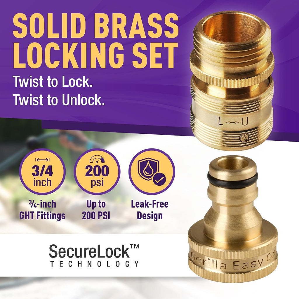 Locking Garden Hose Quick Connect Fittings. 3/4 Inch GHT Solid Brass Leak Proof to 200 PSI Heavy Duty
