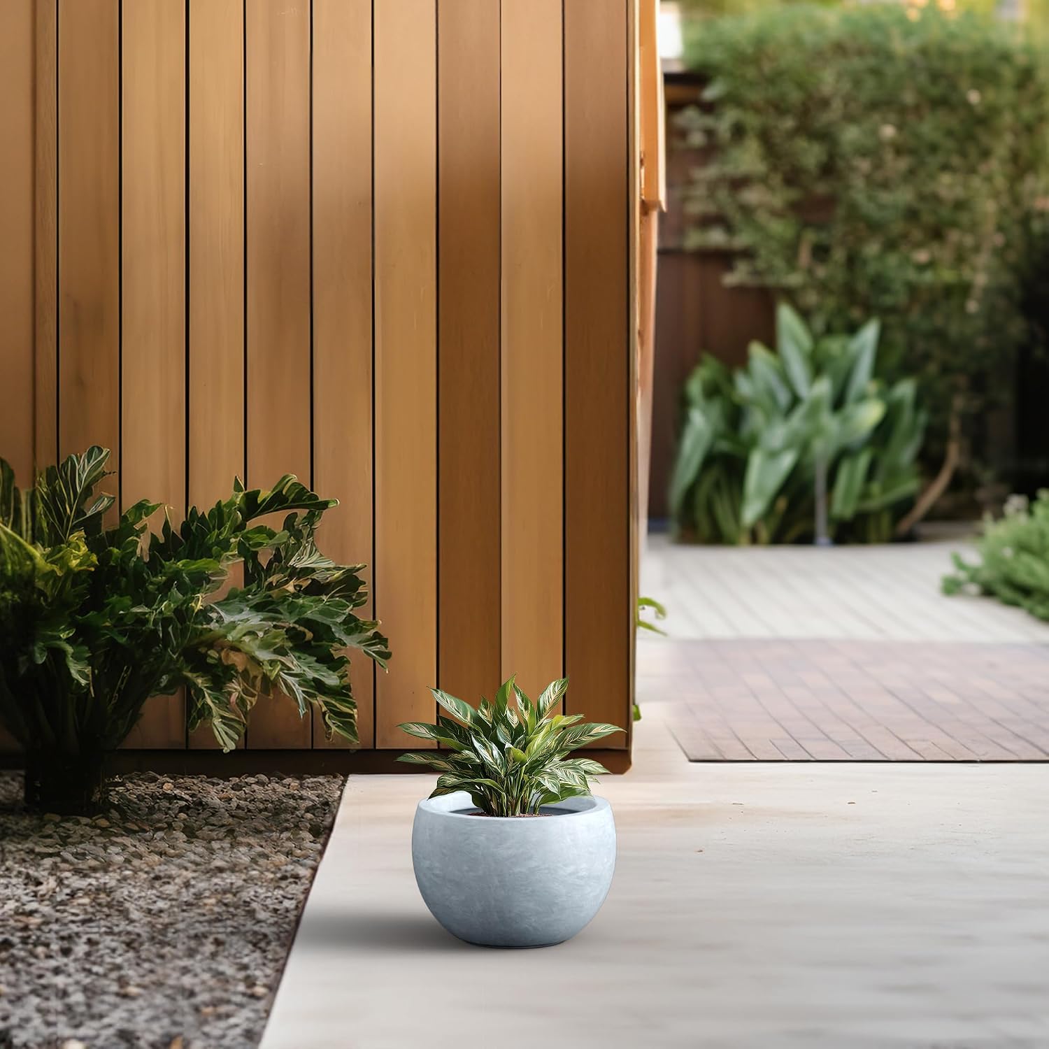 Kante Small Round Bowl Blue Gray Concrete Planter 11.8" Dia, Outdoor | Rubber Plug for Indoor, Drainage for Garden
