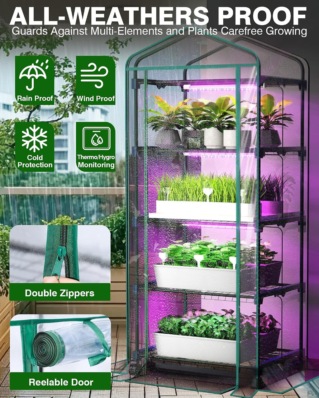PYY Mini Indoor Greenhouse with Grow Light - Small Portable Outdoor Plant Green House Cabinet with Wheels, Thermometer