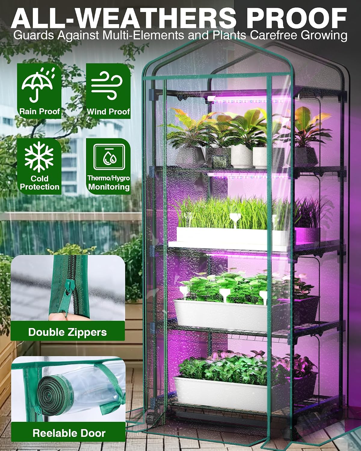 PYY Mini Indoor Greenhouse with Grow Light - Small Portable Outdoor Plant Green House Cabinet with Wheels, Thermometer