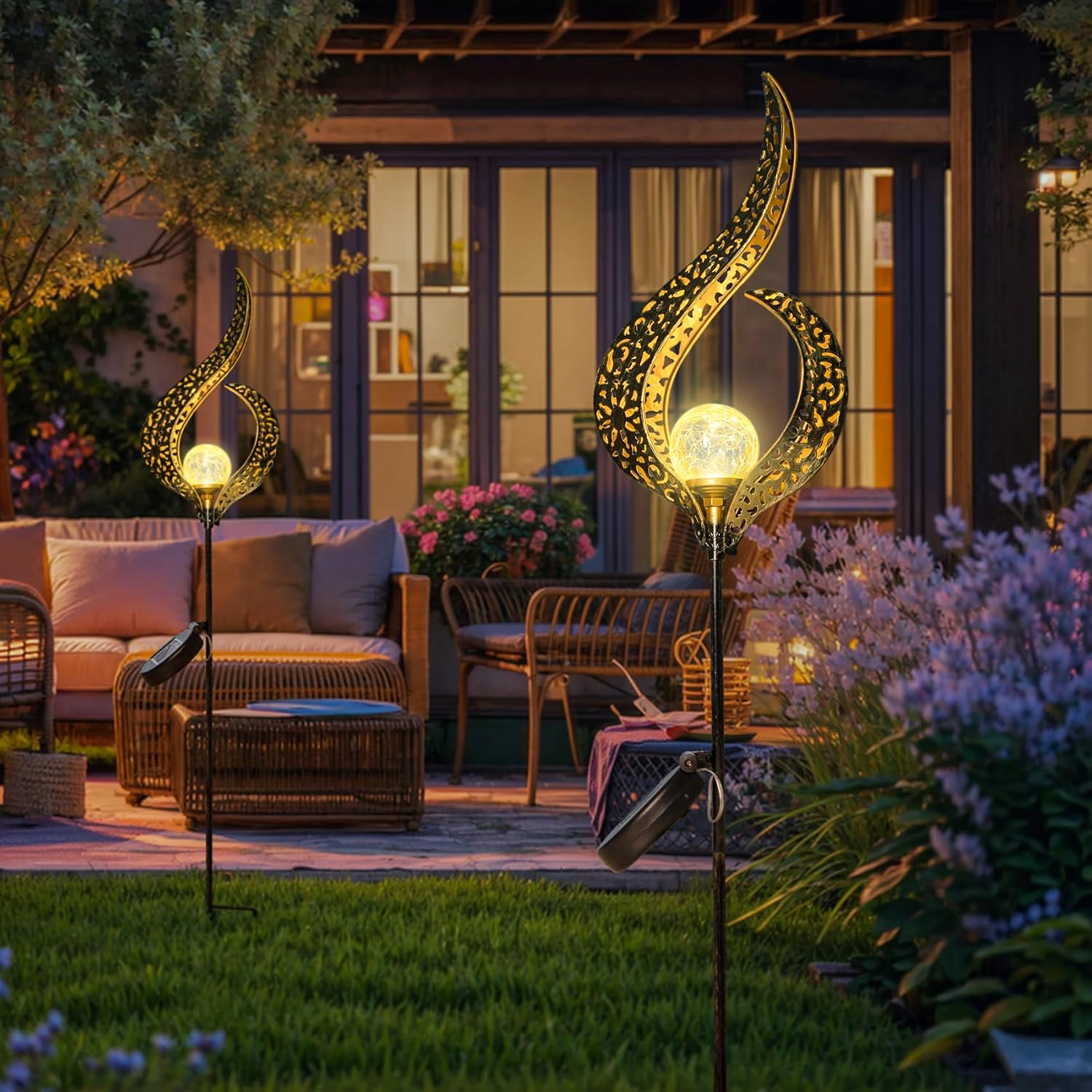 Outdoor Garden Gifts Solar Lights Stake Waterproof, Mothers Day Gifts Mom, Crackle Glass Metal Flower LED Yard Art