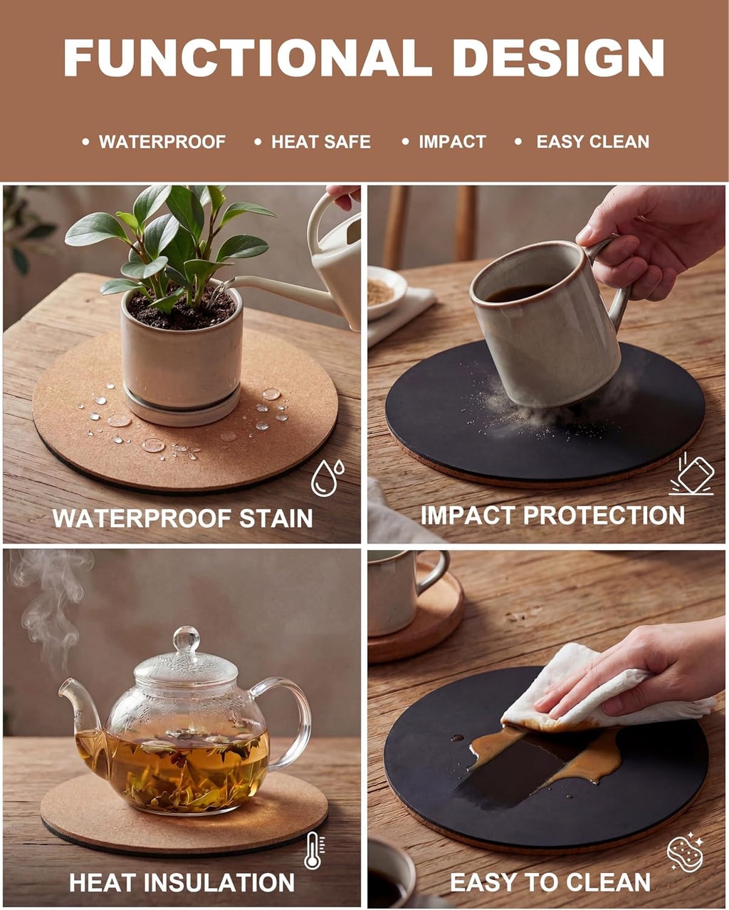 Cork Plant Coasters & Saucers – Absorbent Round Mats for Indoor Flower Pots, Planters, Houseplants, Surface Protector