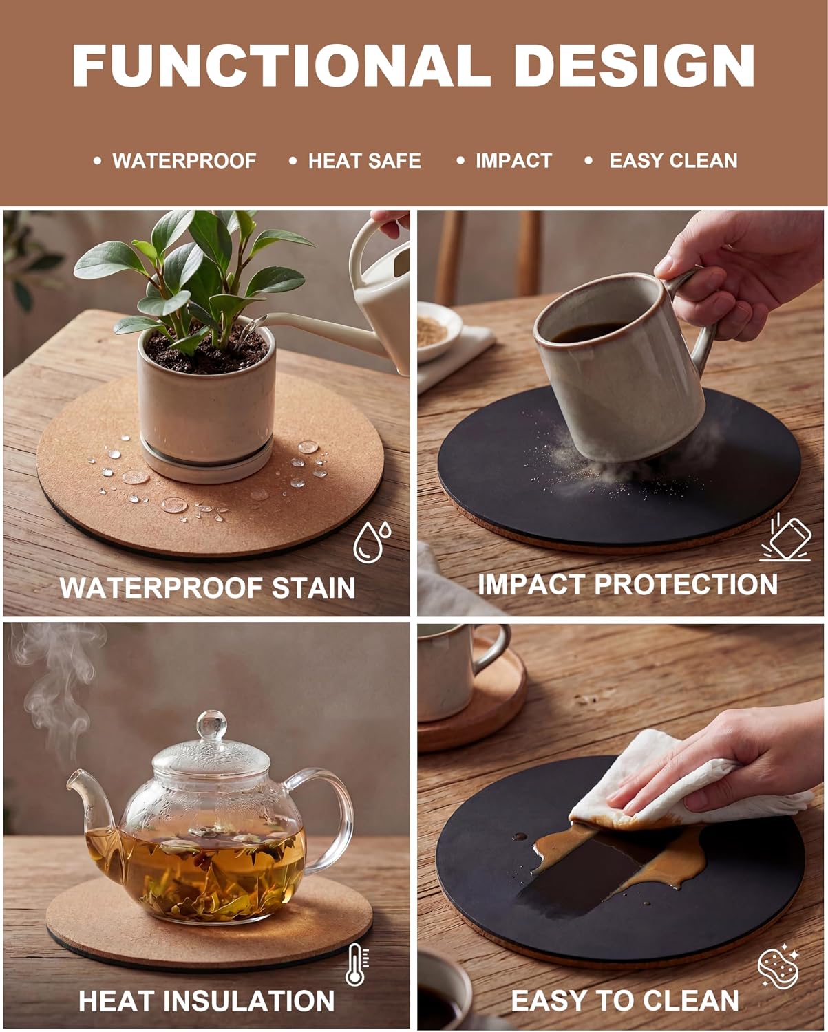 Cork Plant Coasters & Saucers – Absorbent Round Mats for Indoor Flower Pots, Planters, Houseplants, Surface Protector