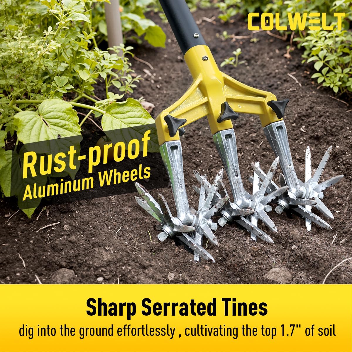 Rotary Cultivator Garden Tool 61’’, Hand Tiller Garden Tool with Detachable Aluminum Tines, Cultivators for Gardening