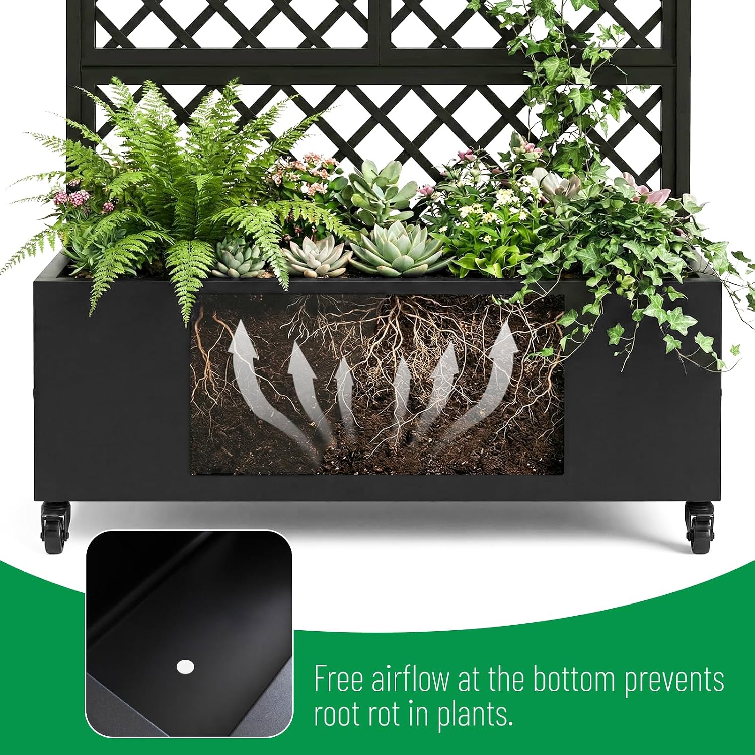 Planter Raised beds with Trellis，72" x 47" x 16",Black Grid,Privacy planters for Patio,Planter Box for Climbing Plants