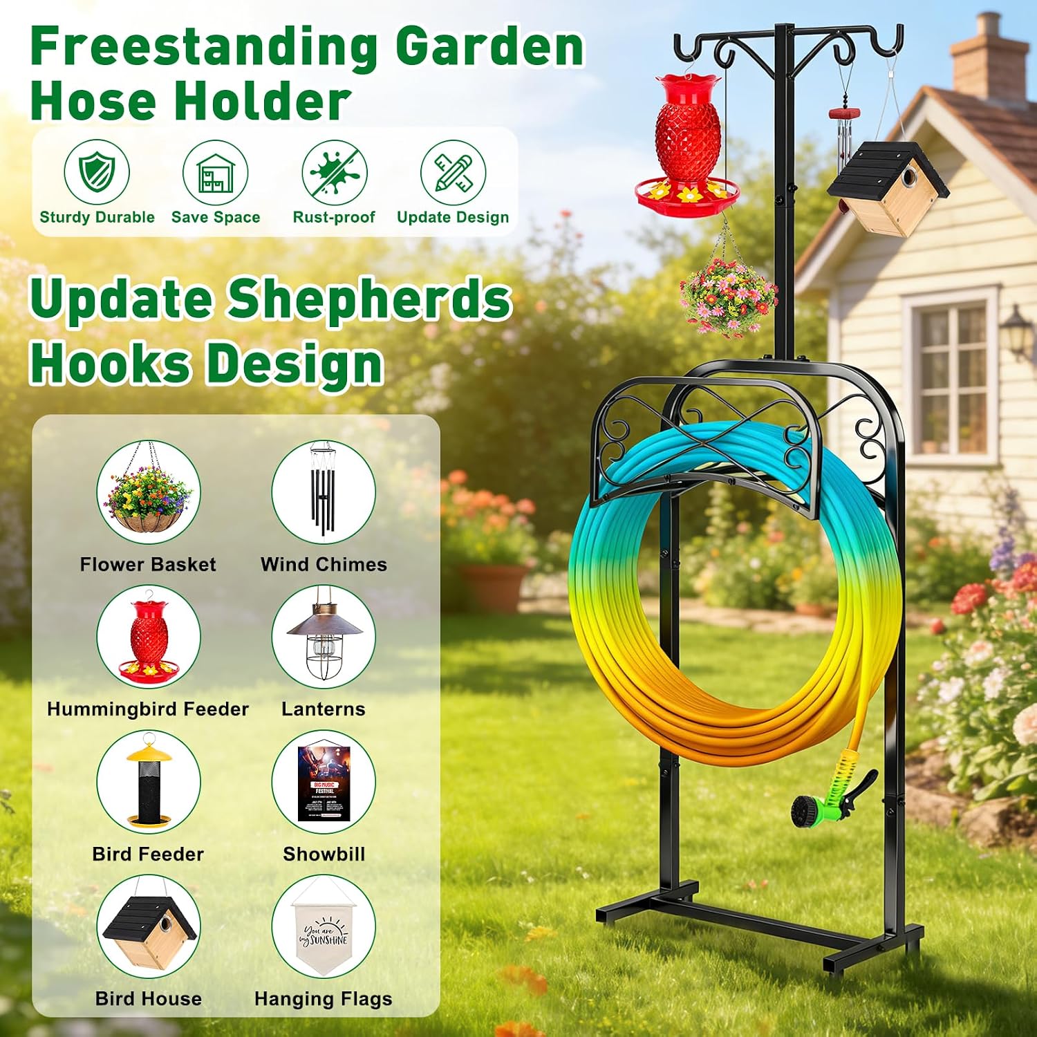 Gtongoko Garden Hose Holder for Outside 70" with 4 Prongs Base & 2 Shepherds Hooks Heavy Duty Freestanding Metal Water