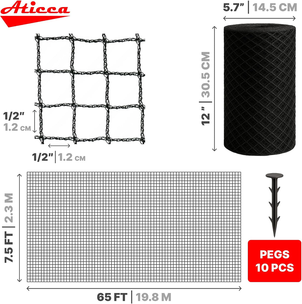 ATICCA Heavy Duty Bird Netting for Garden Protection & Fruit Trees, 7.5x65 Ft with 10 Stakes – Black Anti-Bird Net for