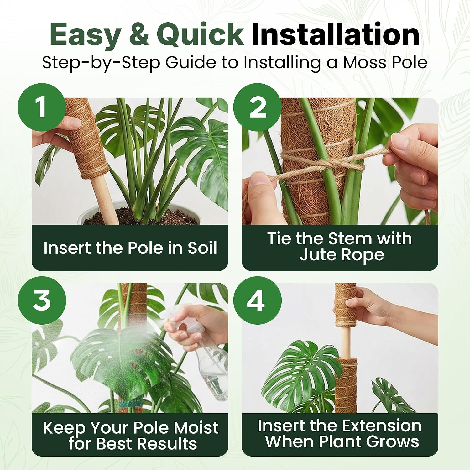 4 Pack 22" Moss Pole Monstera Plant Support - Stackable up to 70" - Plant Stakes for Indoor Climbing Plants Potted