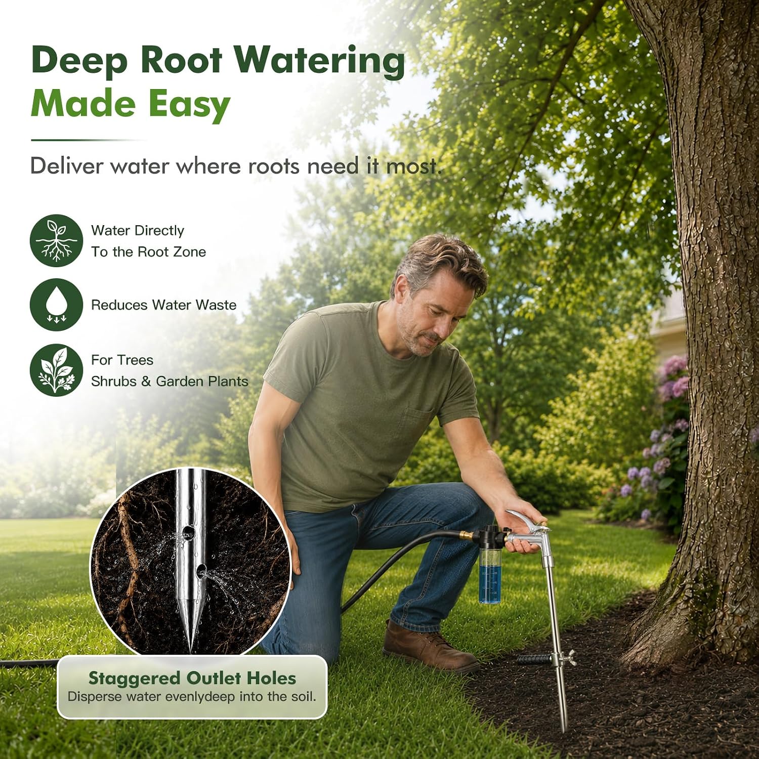 Deep Root Watering Tool for Trees with Trigger Handle & Fertilizer Bottle | One-Piece Stainless Steel Tree Watering