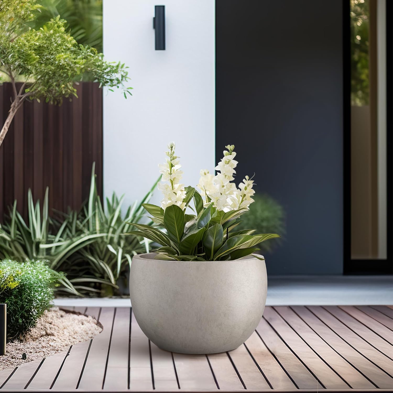 Kante Small Round Bowl Weathered Concrete Planter 11.8" Dia, Outdoor | Rubber Plug for Indoor, Drainage for Garden