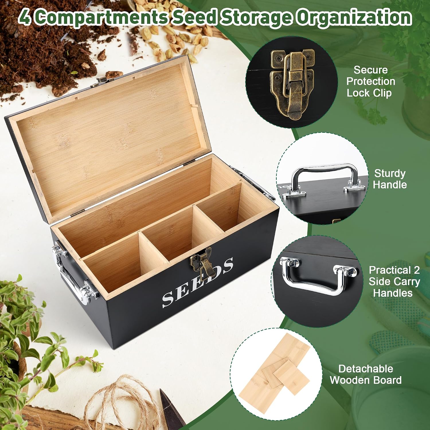 Coolrunner Wood Seed Saving Box, Seed Storage Organizer Case | Seed Packet Storage Organizer with Lock and 3 Handles