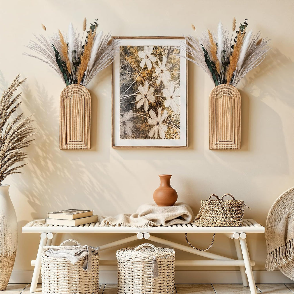 DREAMLOOM 2 Pack Wooden Wall Vases with Dried Pampas Grass and Eucalyptus Plants, Wall Hanging Planters Boho Modern
