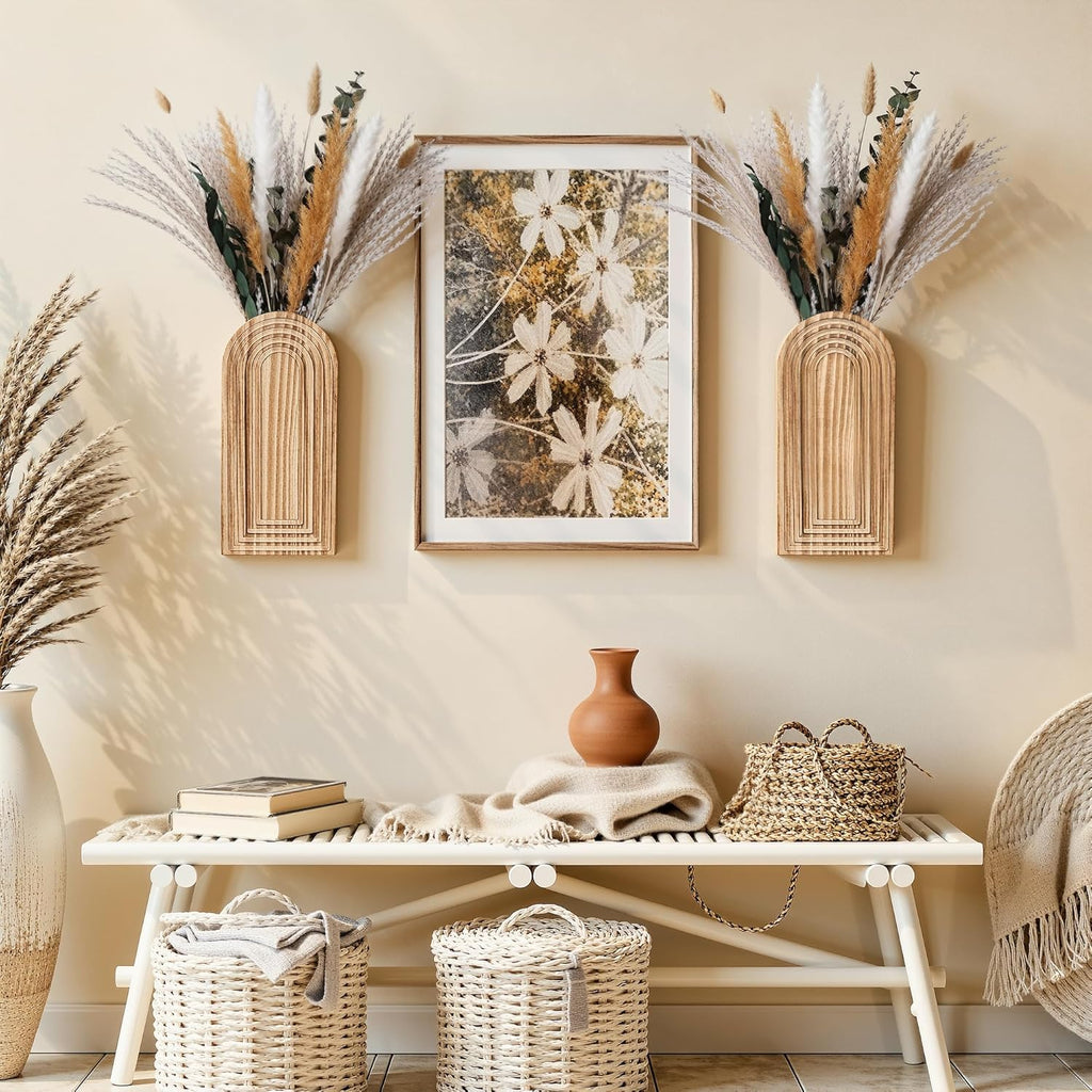 DREAMLOOM 2 Pack Wooden Wall Vases with Dried Pampas Grass and Eucalyptus Plants, Wall Hanging Planters Boho Modern
