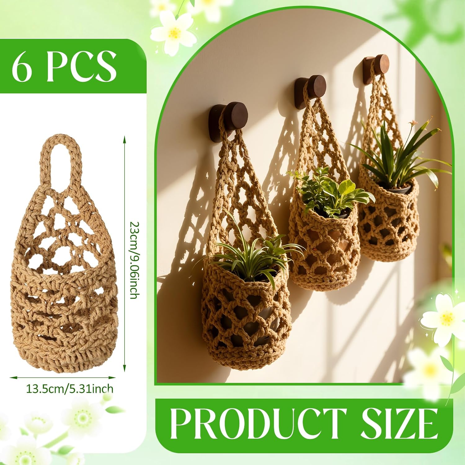 6 Pk Macrame Plant Hanger,4 x 8 Inch,Linen Color | Wall Planters for Indoor, Boho Wall Mounted Flower Baskets, Hanging