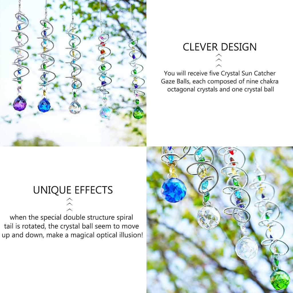5 Pack Crystal Suncatcher Gazing Ball Spiral Wind Spinner Garden Decor | Crystal Sun Catcher Wind Spinner with Spiral