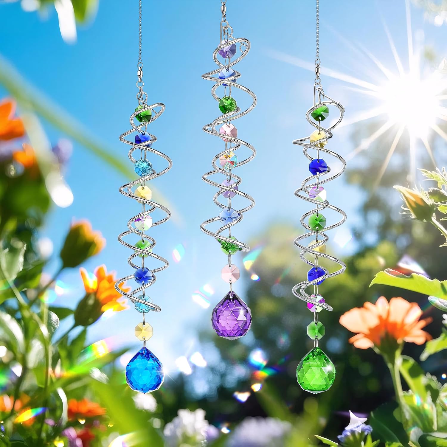 5 Pack Crystal Suncatcher Gazing Ball Spiral Wind Spinner Garden Decor | Crystal Sun Catcher Wind Spinner with Spiral