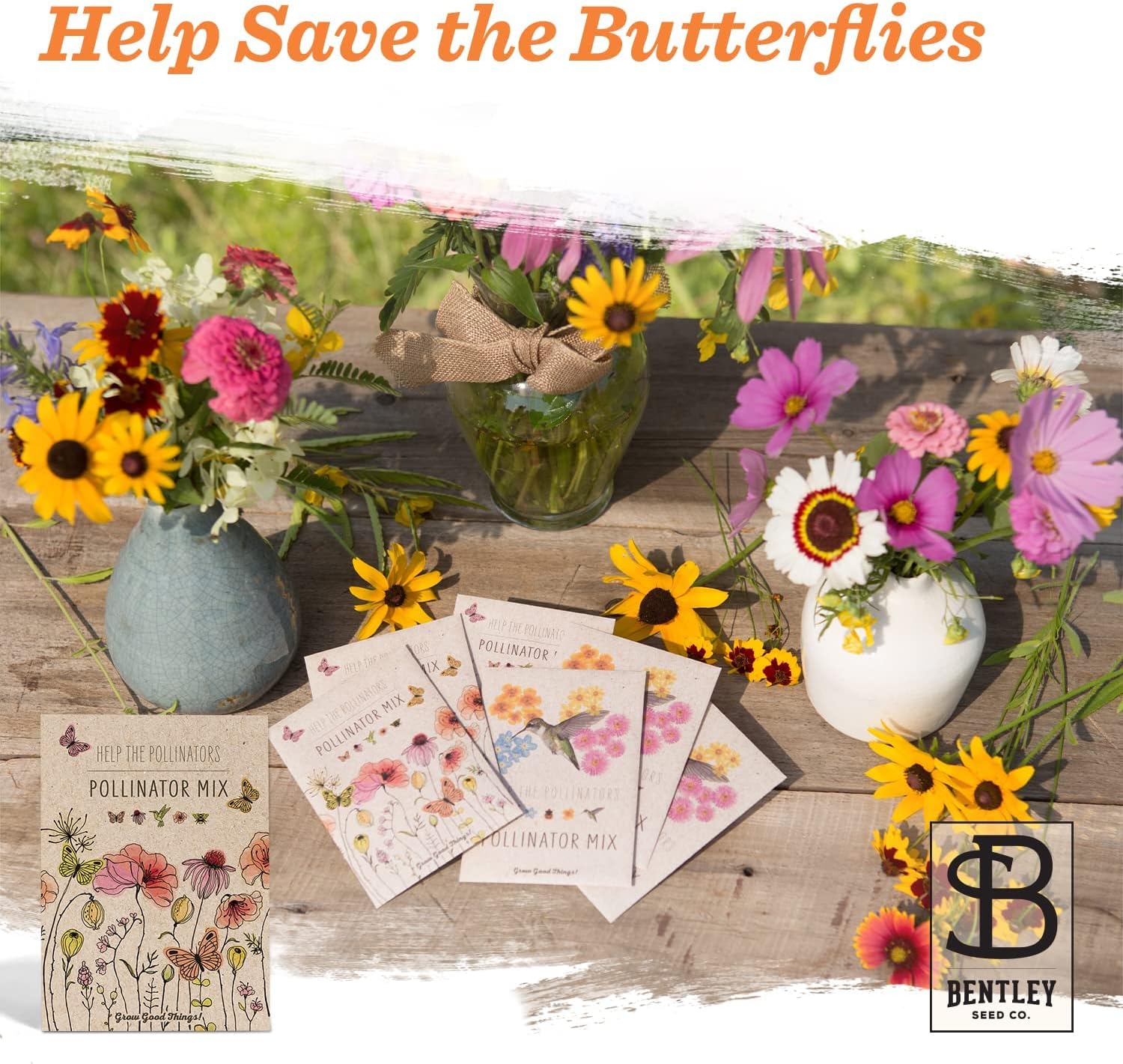 Bentley Pollinator Mix - Pre-Filled, Non-GMO, Non-Coated Butterfly Packets - 25 Annual Wildflower Seeds - Perfect