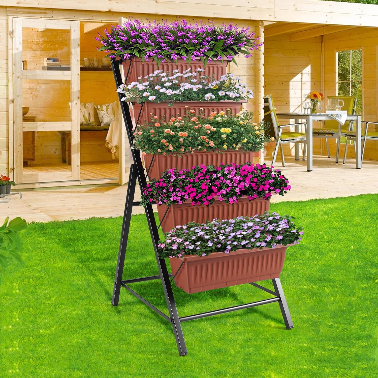 TEANDE Vertical Raised Garden Bed, 5-Tier Elevated Planter Box w/Drainage System & 4 Hooks for Herbs Vegetables