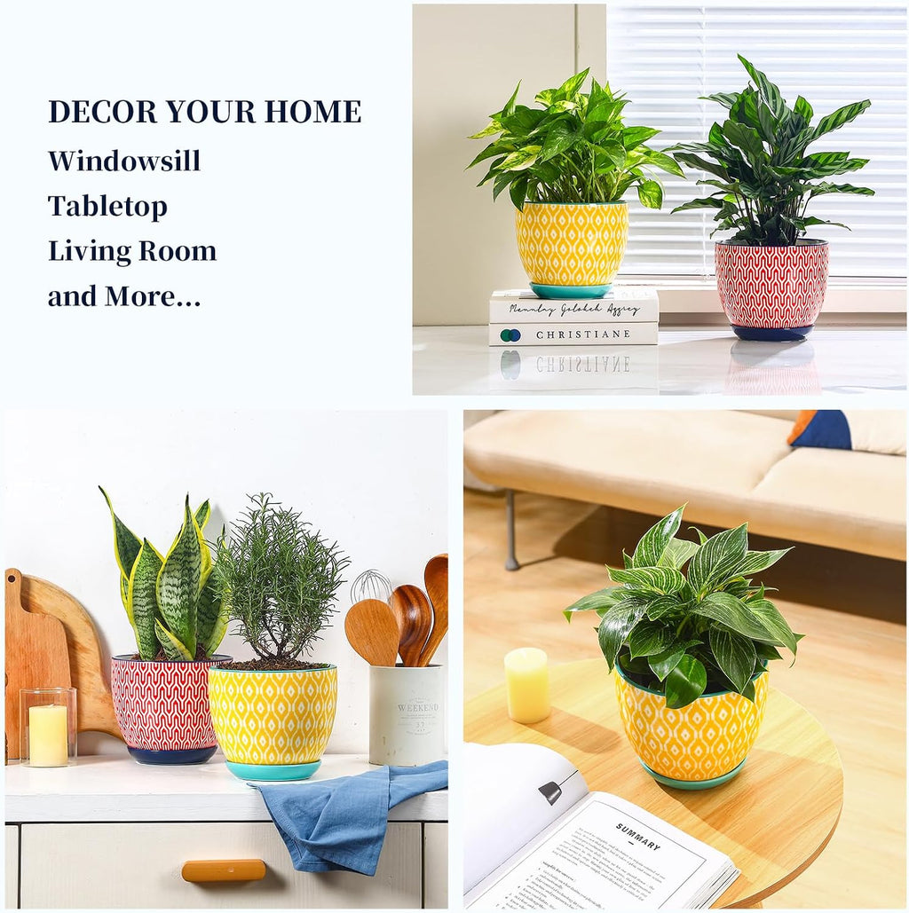 Selamica Ceramica Plant Pots, 6.5 Inch Flower Pots Set of 2 with Drainage Holes & Saucer, Planters for Indoor Plants