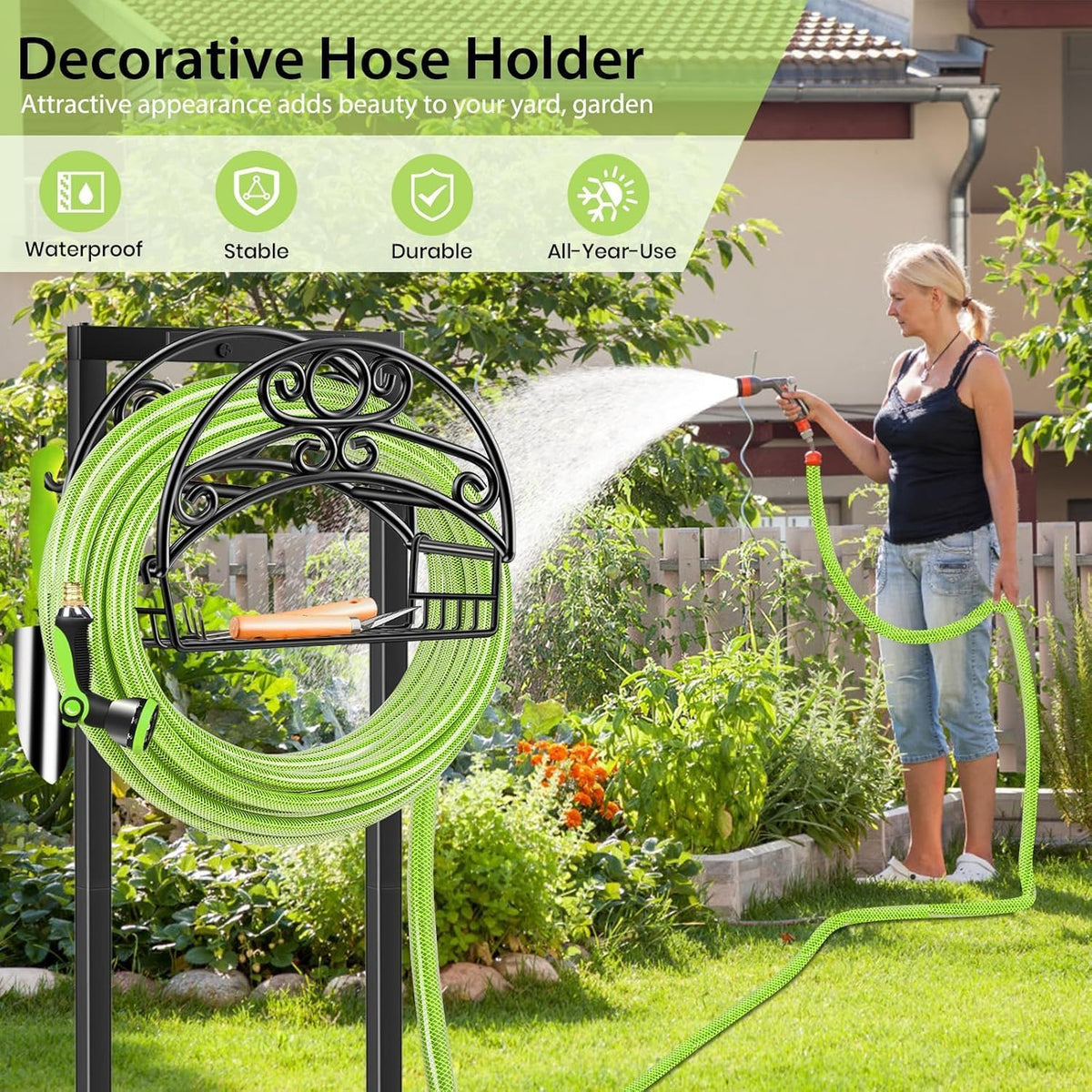 TomCare Garden Hose Holder, 4 Spikes Water Hose Hanger for 160FT Hose | Heavy Duty Metal Frame, 250 lbs Load Capacity