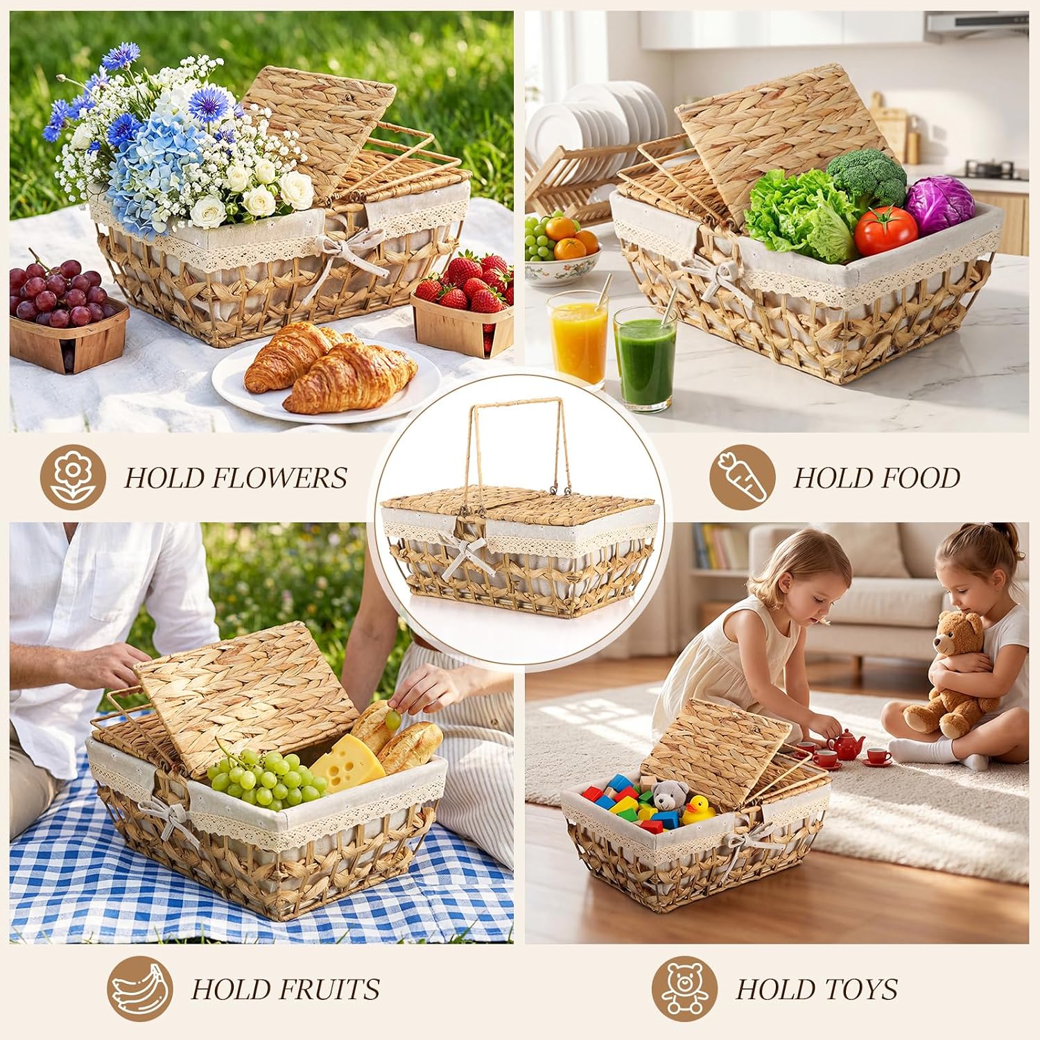 LemonRoad Wicker Picnic Basket with Handle & Lid, 14" Water Hyacinth & Seagrass Hand Woven Basket with Removable Liner