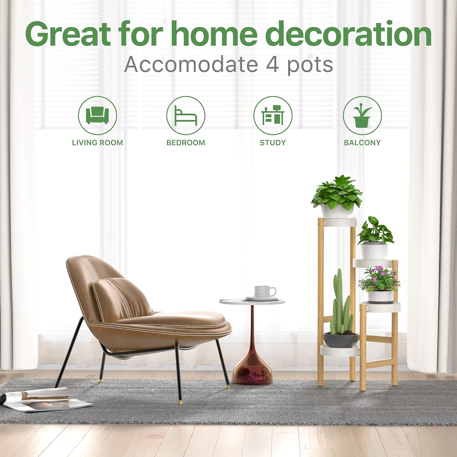 Wisuce Bamboo Plant Stands Indoor, 4 Tier Tall Corner Plant Stand Holder & Plant Display Rack for Outdoor Garden Indoor