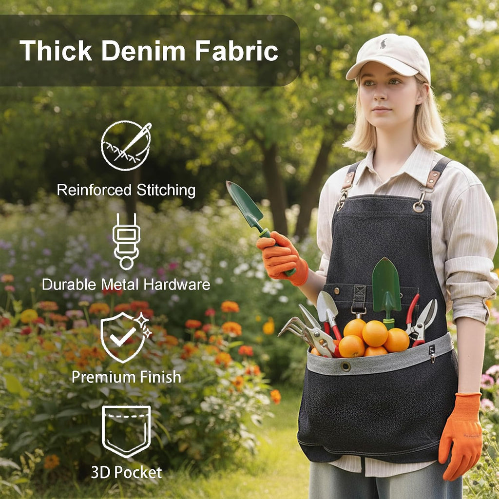 Denim Cross Back Gardening Apron with Adjustable Straps & Pockets | Heavy-duty denim; large front pockets; tool
