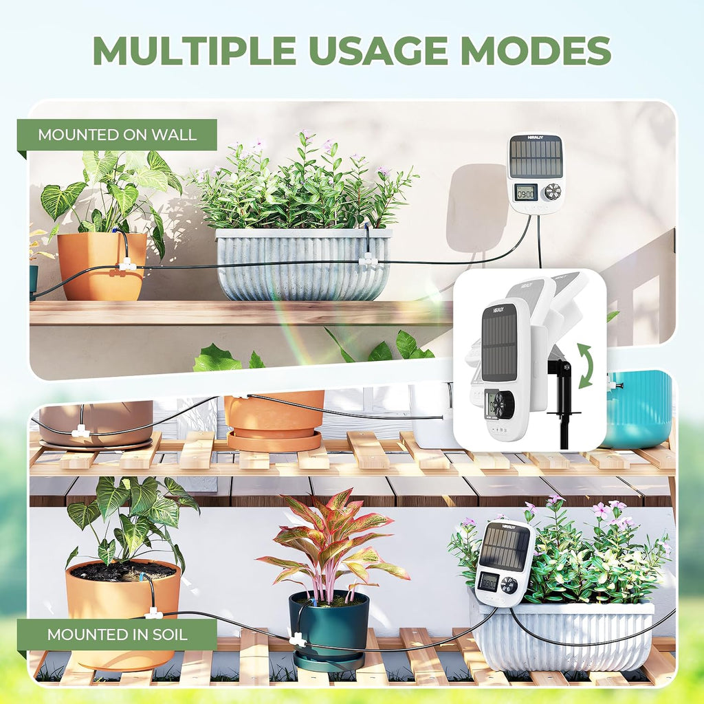 HIRALIY Solar Drip Irrigation System with Timer, Automatic Plant Watering | USB Backup, 12 Drip Emitter Stakes, 40FT