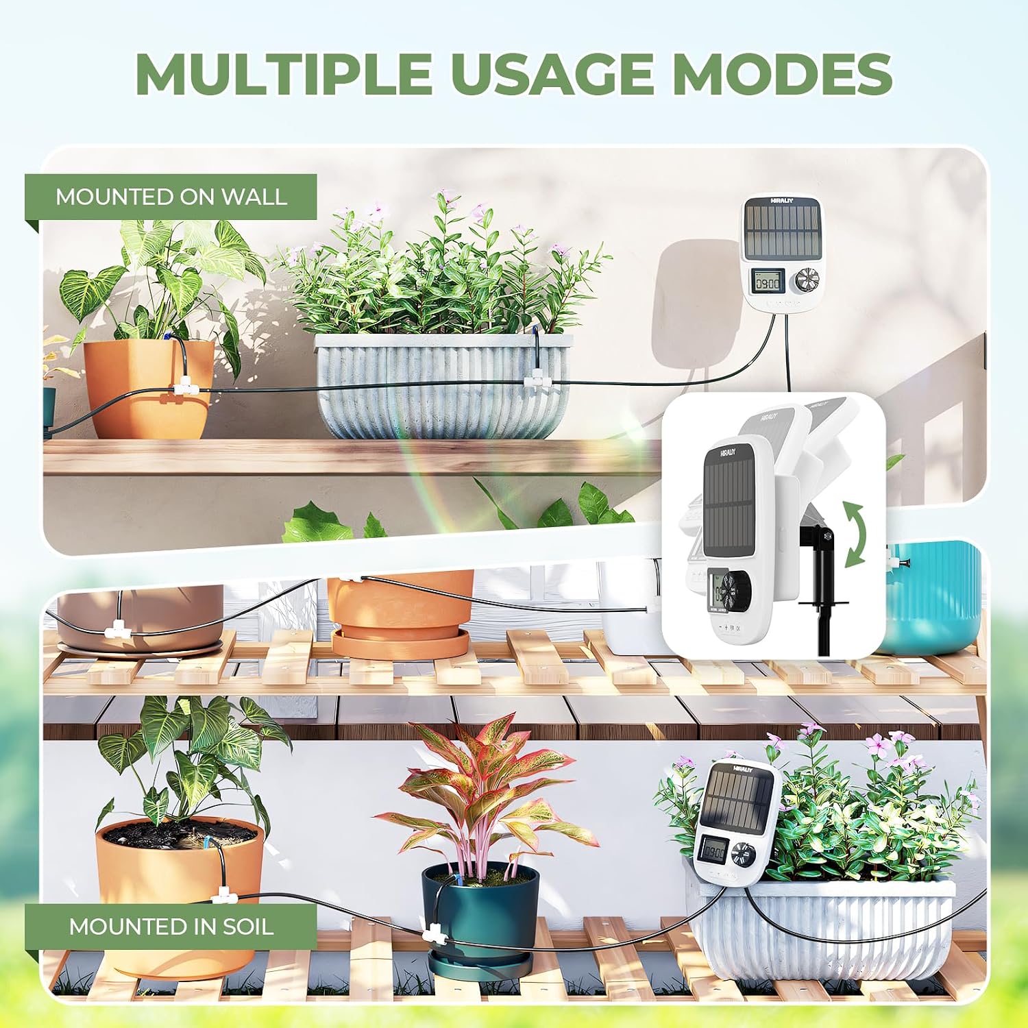 HIRALIY Solar Drip Irrigation System with Timer, Automatic Plant Watering | USB Backup, 12 Drip Emitter Stakes, 40FT